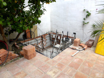 Plunge pool in preparation with steel and pipework